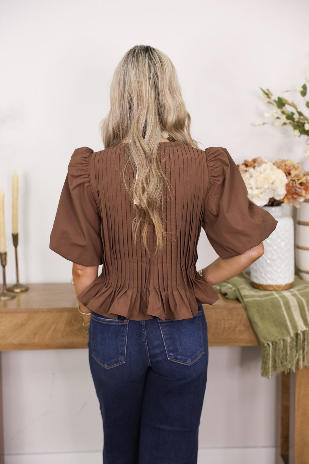 Puff Sleeve Peplum Blouse "Brown"