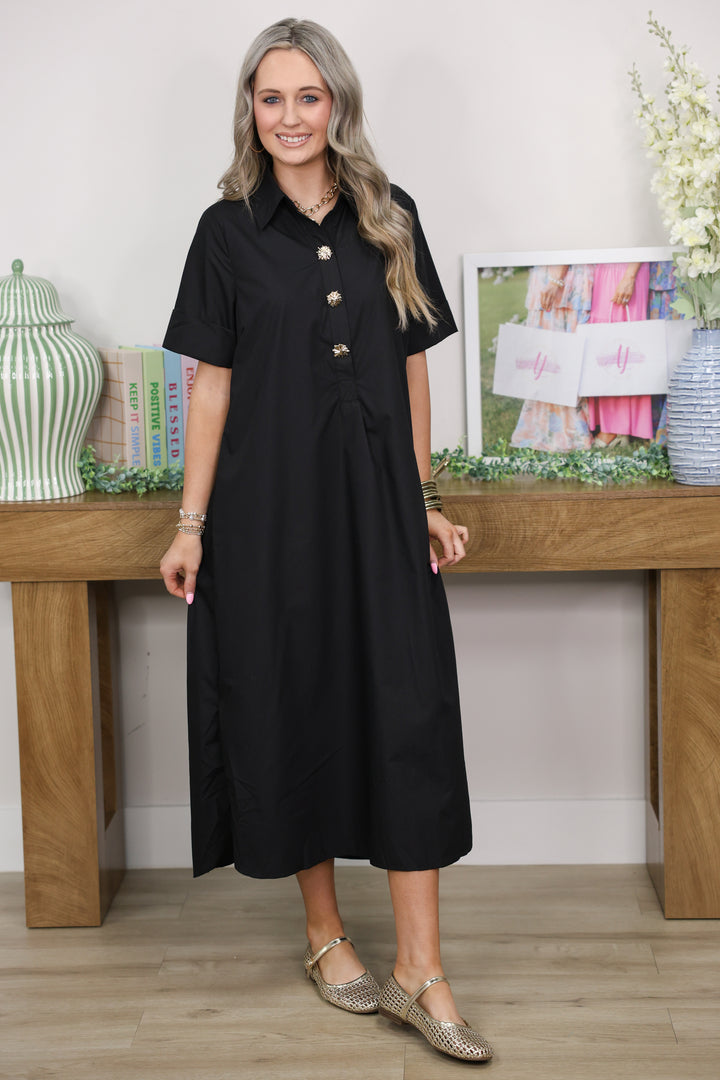 Solid Short Sleeve Midi Dress "Black"