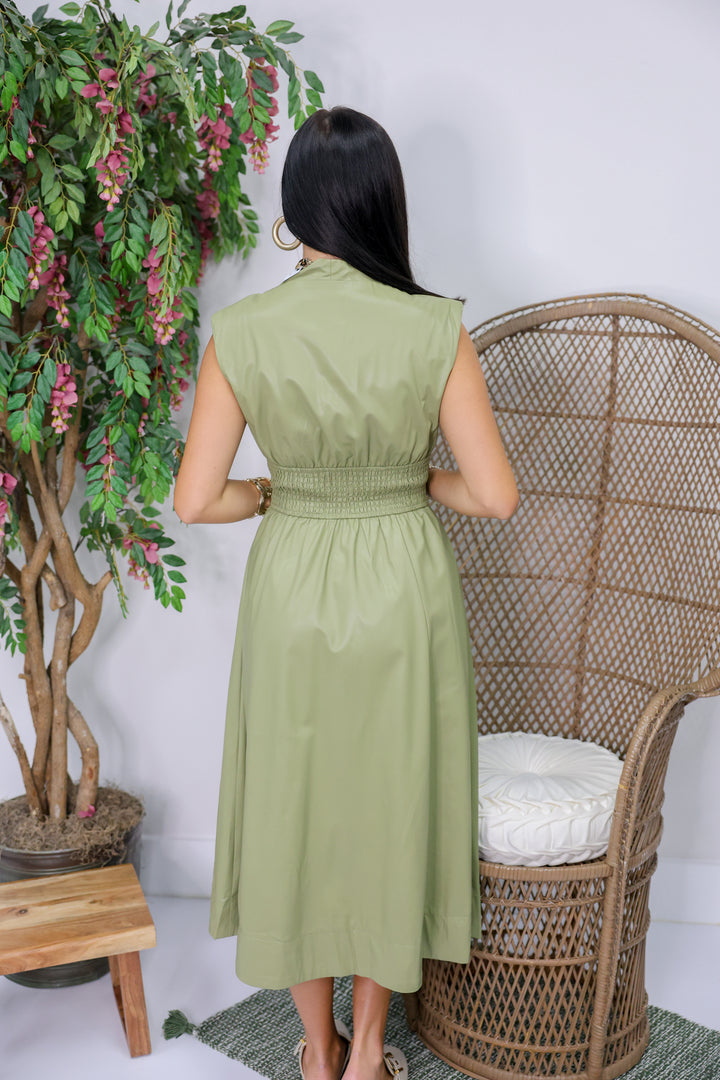 Gracious Faux Leather Zipper Midi Dress "Olive"
