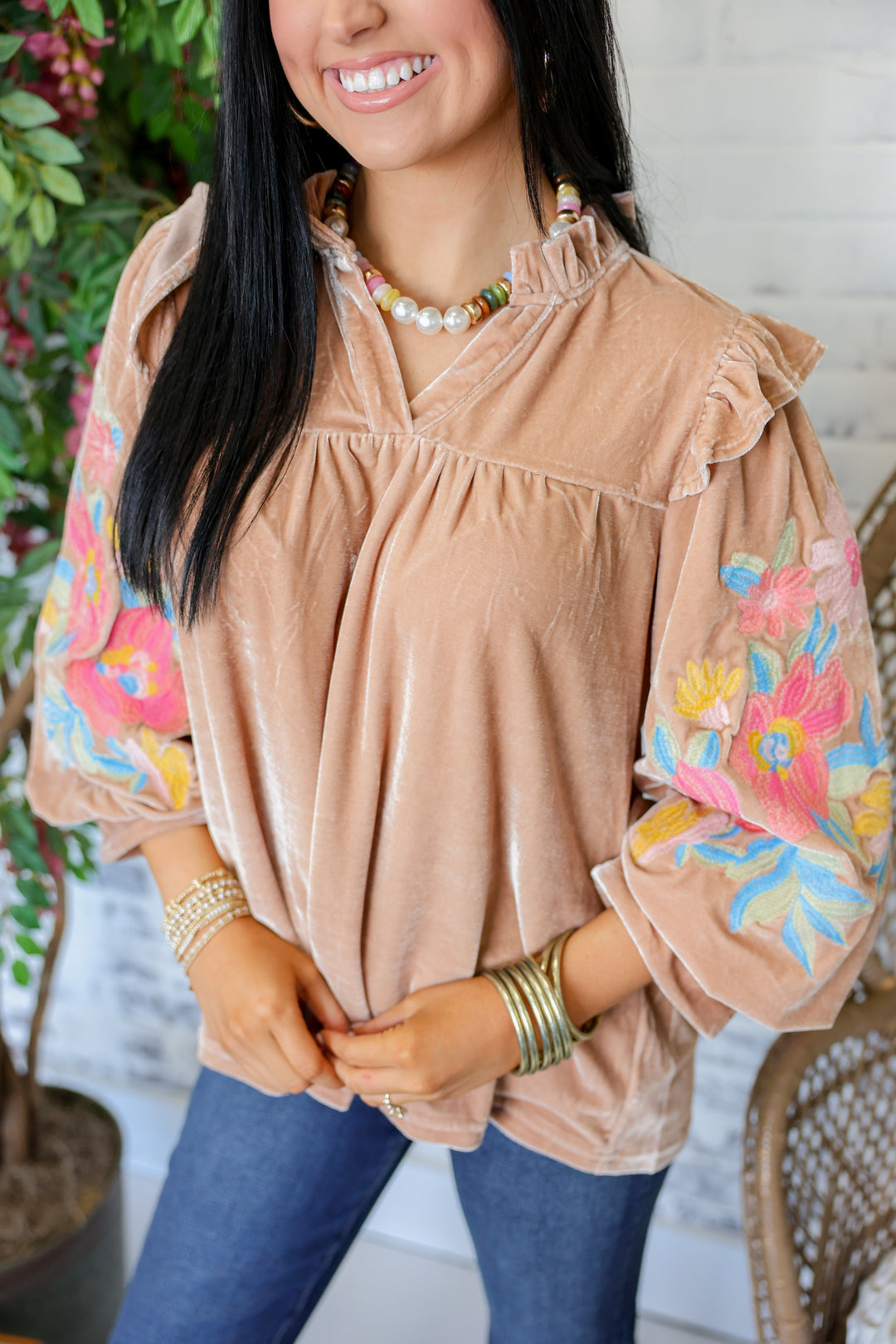 3/4 Floral Embroidery Sleeve Velvet Top "Champagne"