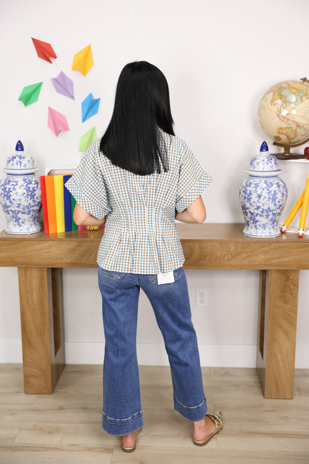 Golden Gingham Top "Camel Blue"