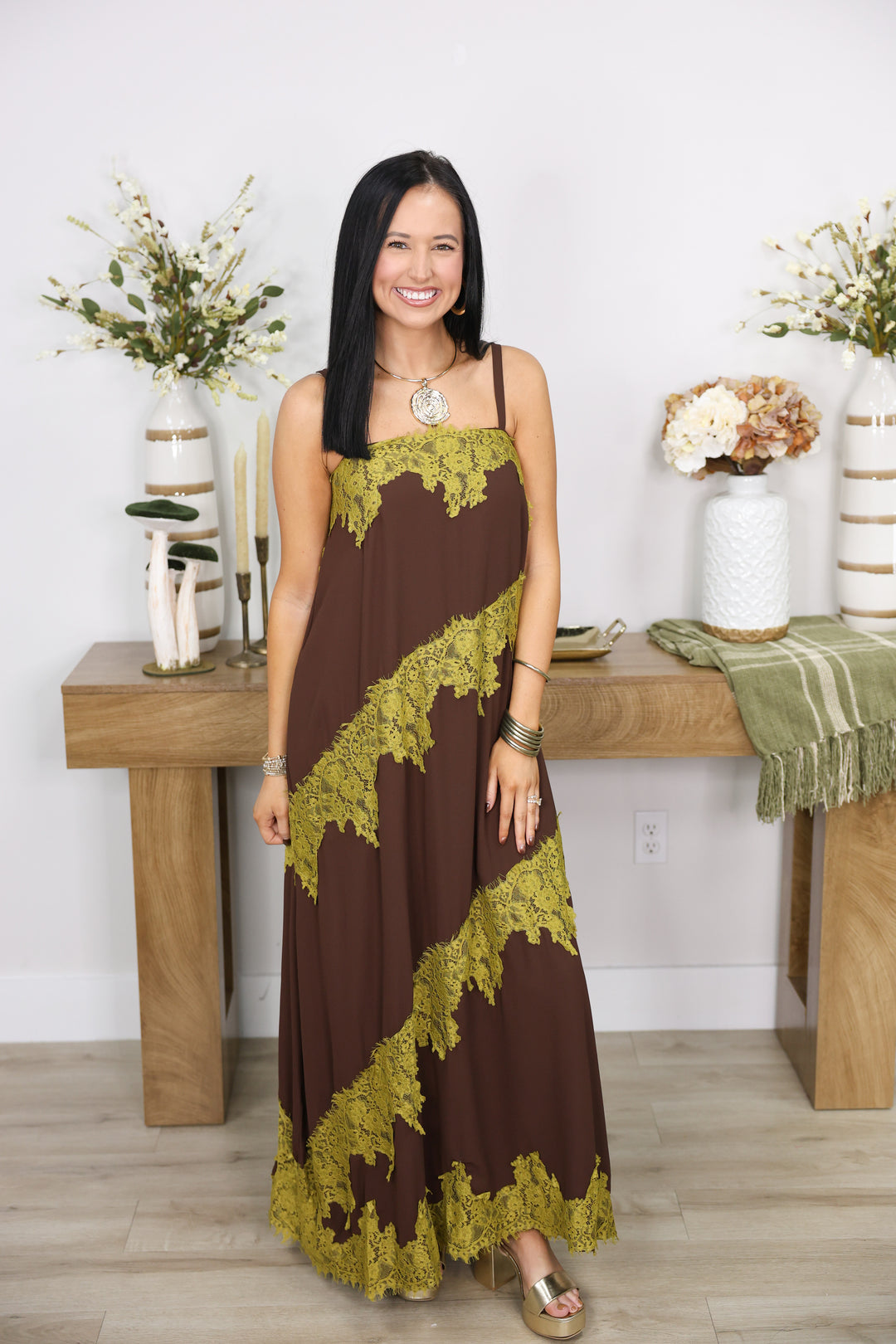 Chartreuse Lace Charm Dress "Chocolate"