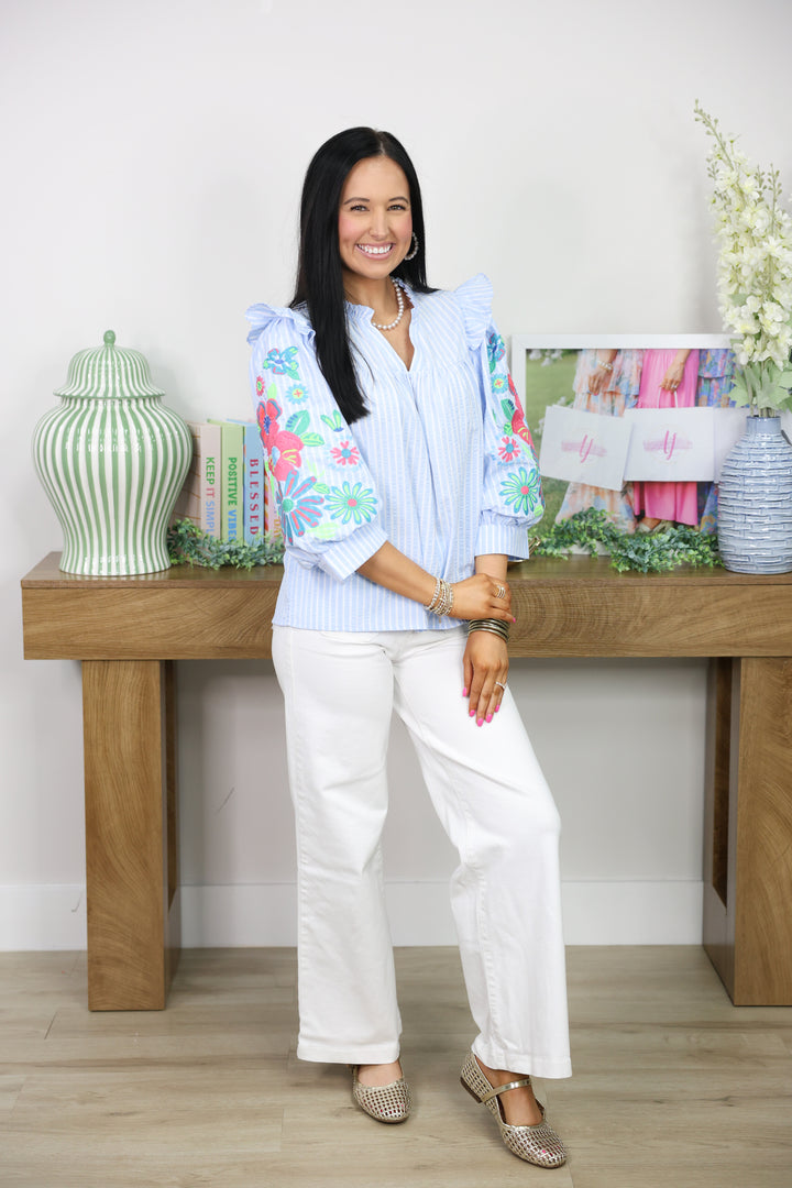 Embroidered Sleeve Stripe Top "Blue"