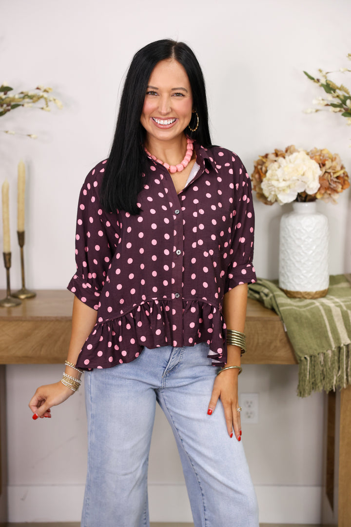 Polka Dot Short Sleeve Button Down Top "Wine/Pink"