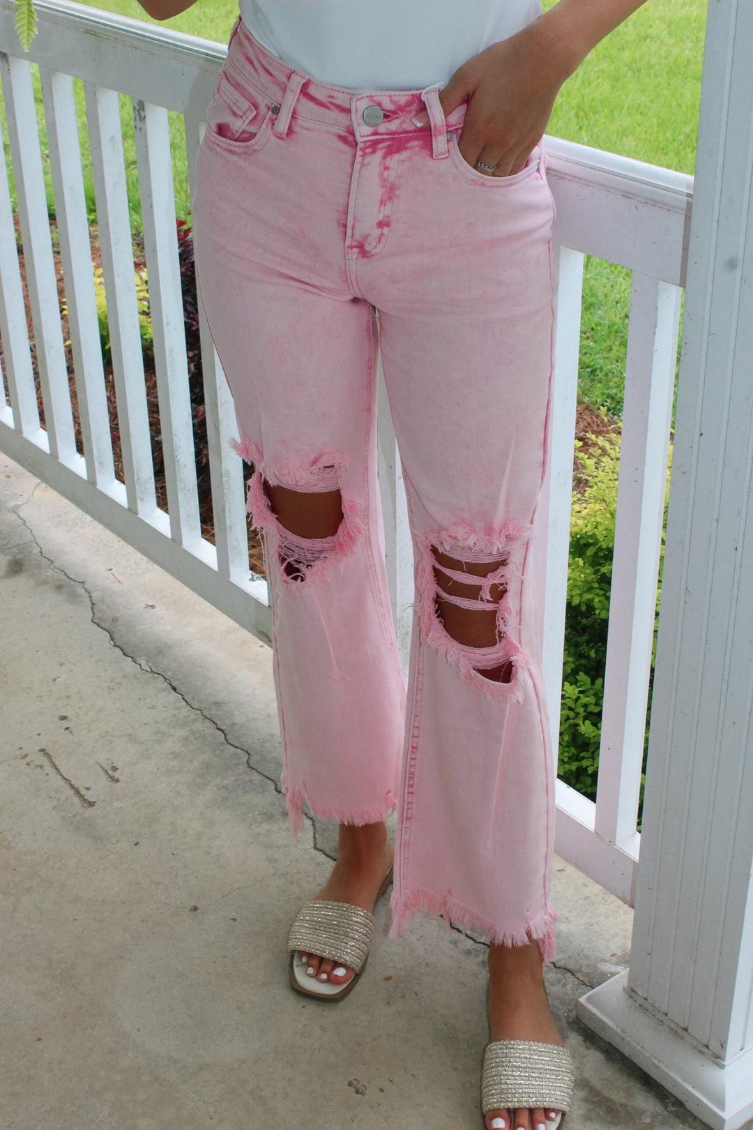 Kellie High Rise Crop Distressed Pants "Acid Pink"