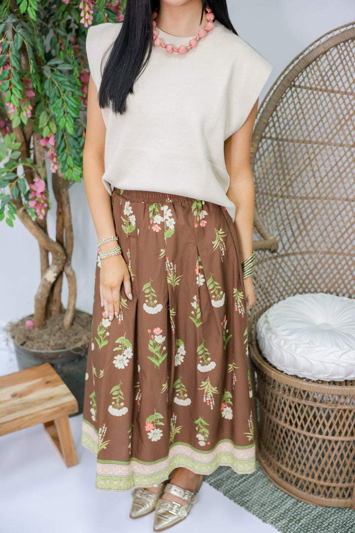 Playful Floral Midi Skirt "Brown"
