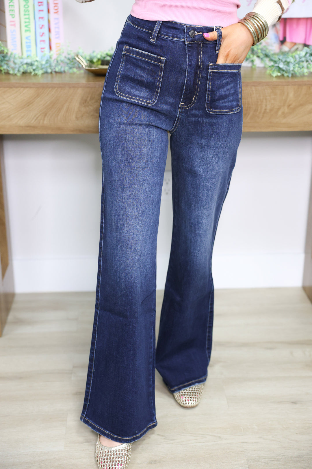 Stretch Front Two Pocket High Rise Flare Jeans "Dark Denim"