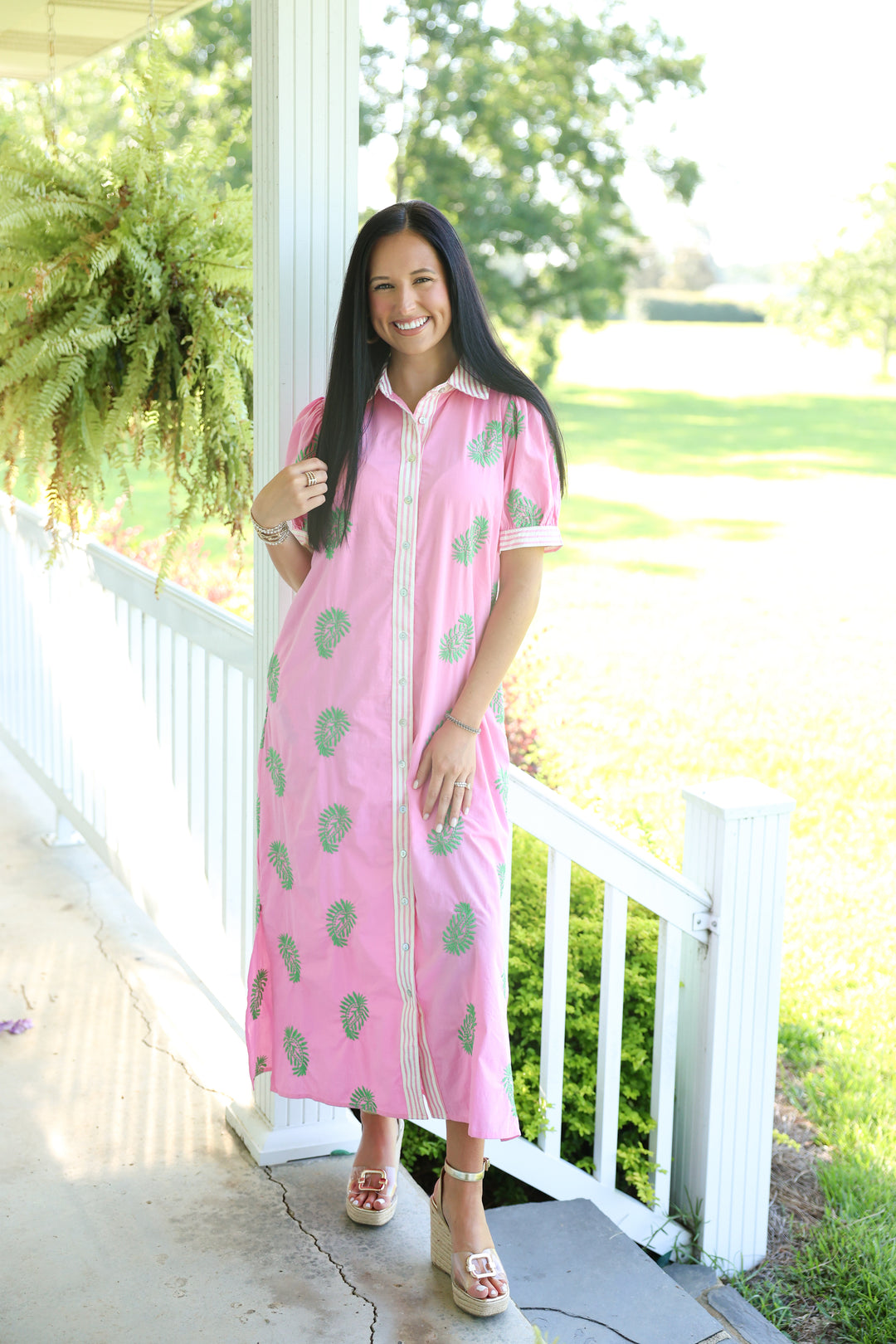 Botanical Embroidery/Stripe Midi Dress