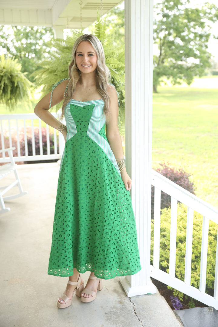 Cotton Eyelet Stripe Maxi Dress "Kelly Green"
