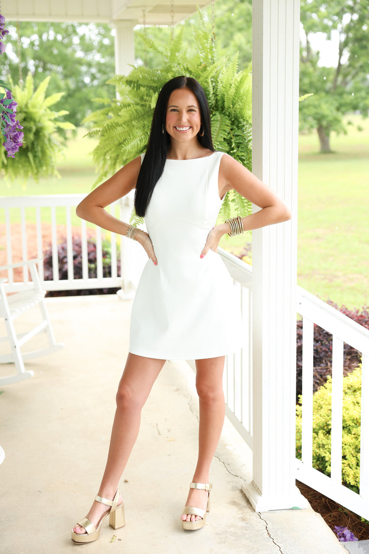 Backless Detail Boat Neck Sleeveless Mini Dress "White"