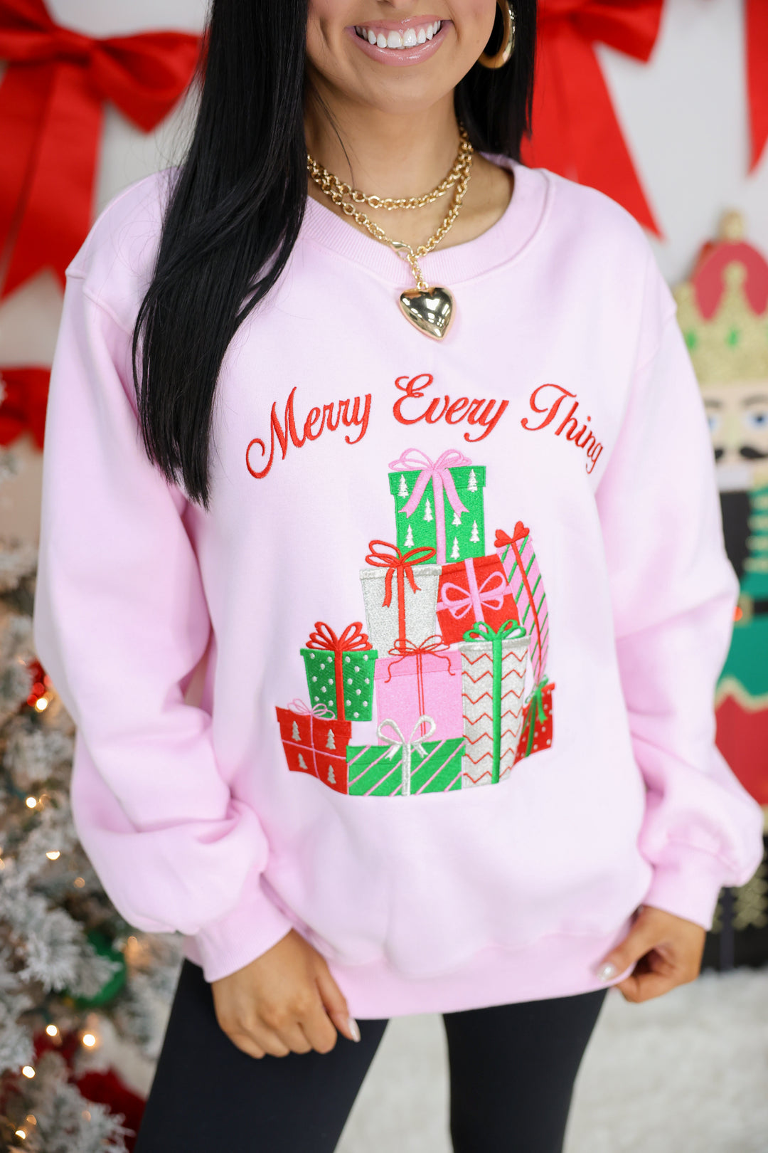 'Merry Every Thing' Metallic Embo Detail Sweatshirt "Lt.Pink"