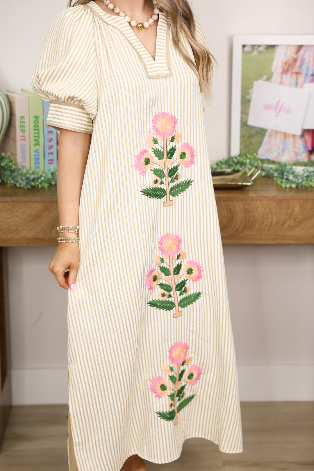 Sunday Stroll Stripe Floral Embroidery Dress "Oatmeal"