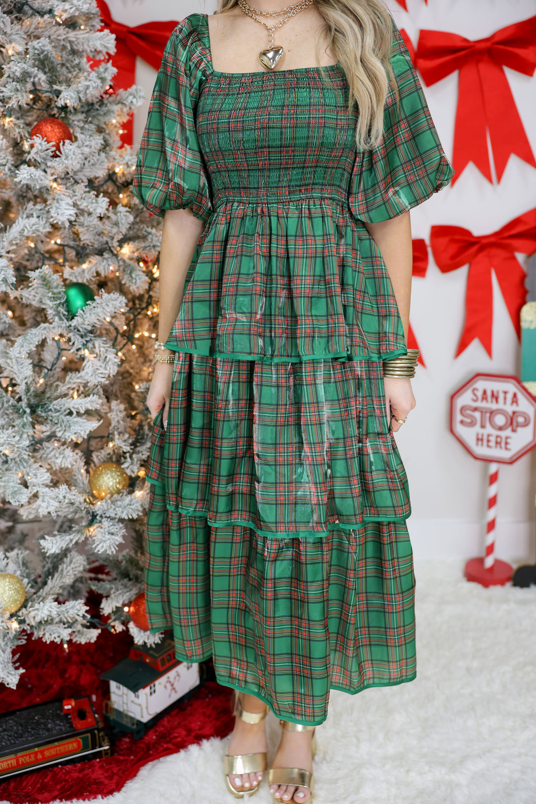 Merry & Bright Plaid Midi Dress "Hunter Green"