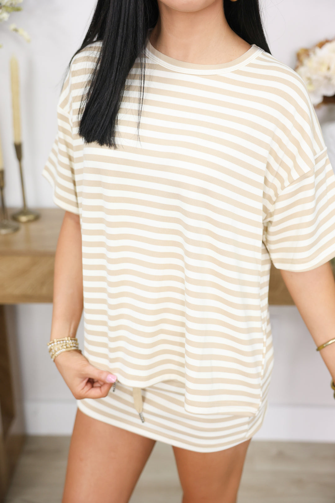 Round Neck Oversized Stripe Tee & Mid Rise Skort Set "Beige/Cream"