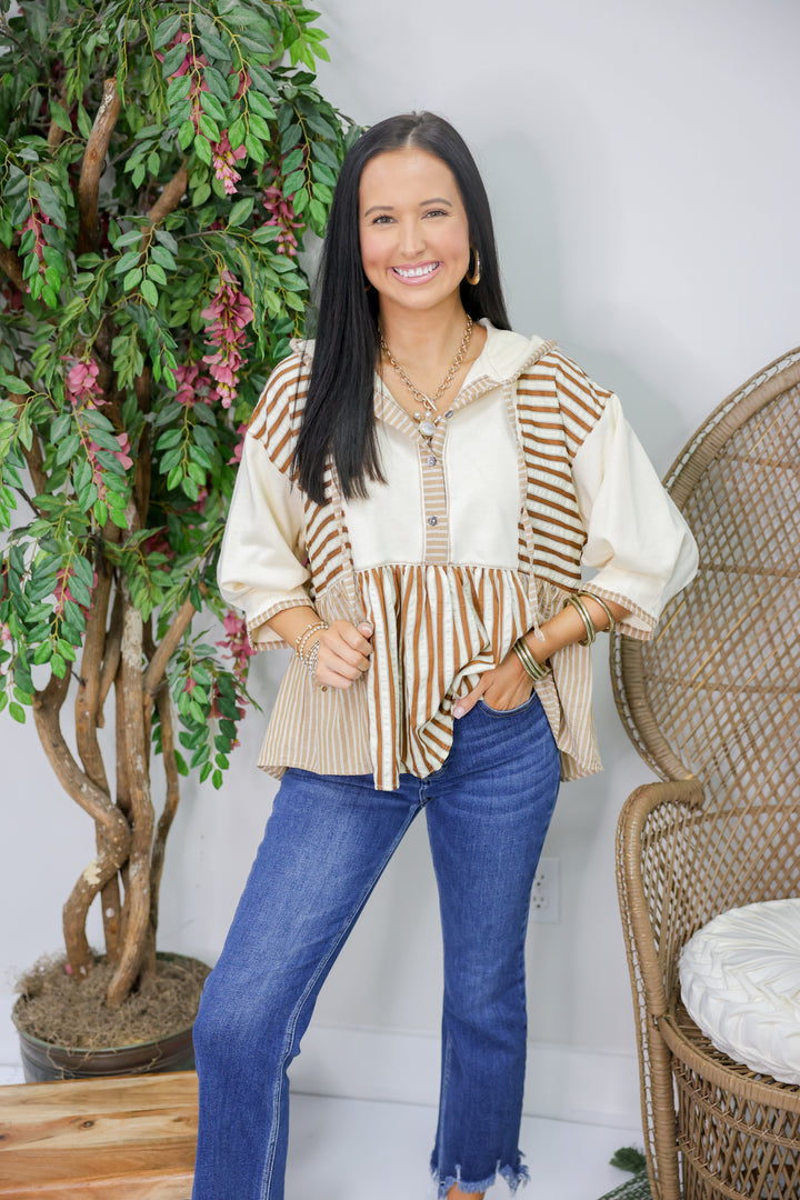 Striped 3/4 Sleeve Peplum Hoodie Top "Brown"