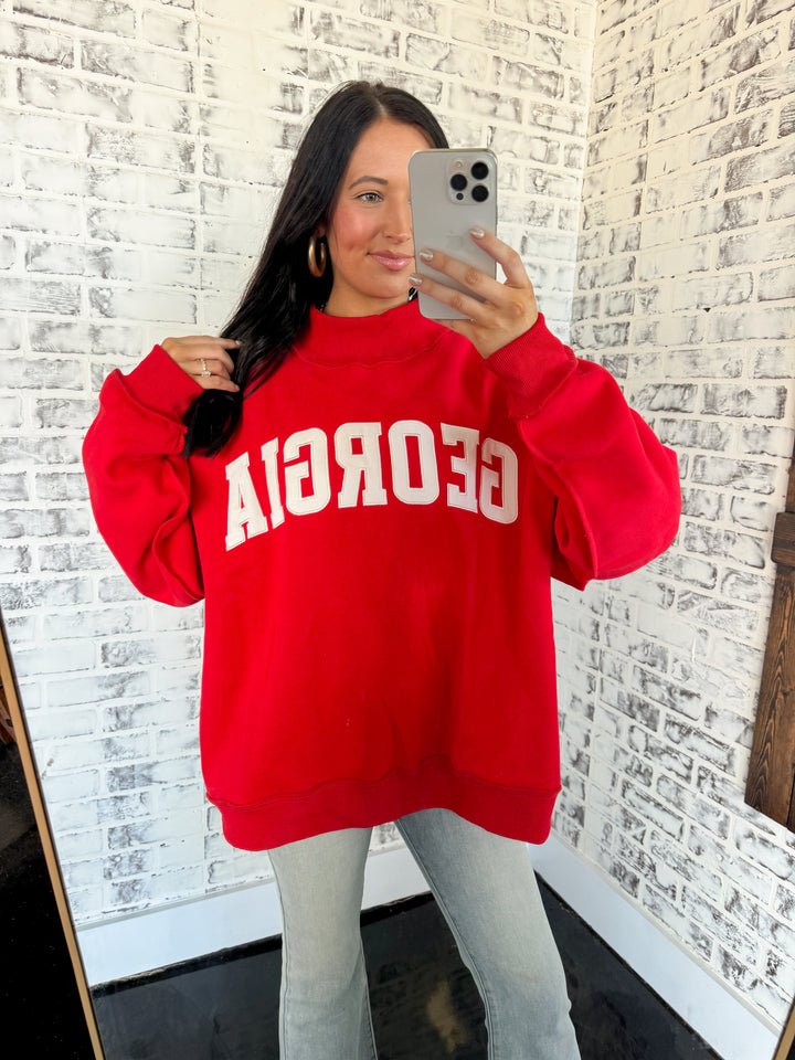 'Georgia' Embroidered Mock Neck Sweatshirt "Red"