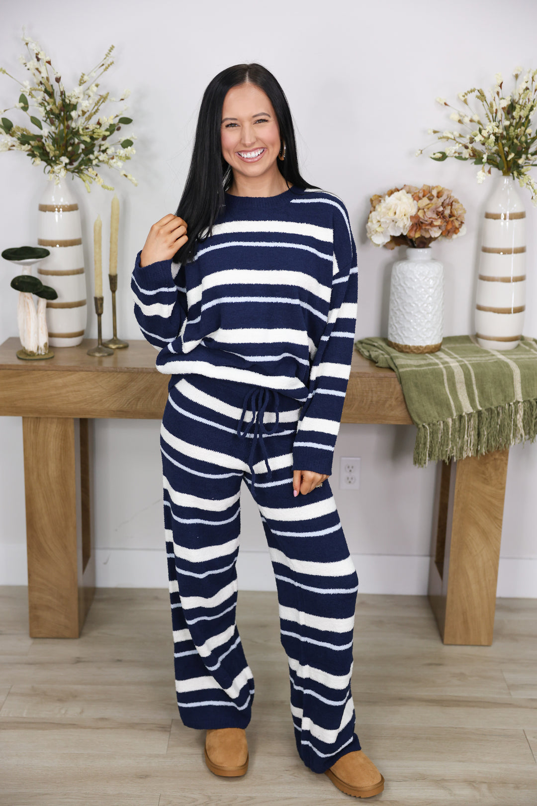 Long Sleeve Stripe Sweater Top & Sweater Pants Set "Navy/Cream"