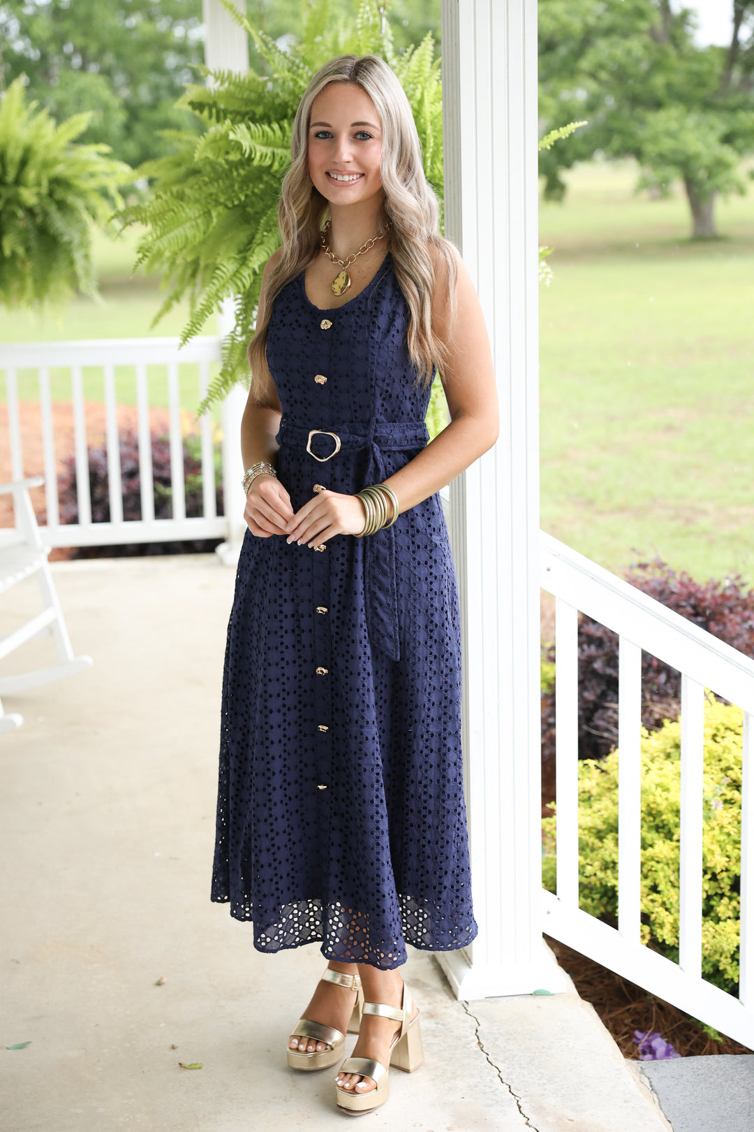 Everlasting Eyelet Sleeveless Midi Dress "Navy"