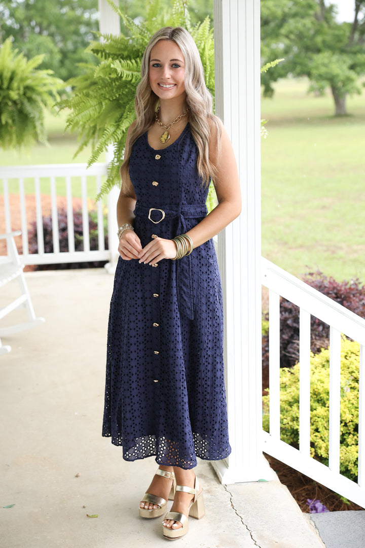 Everlasting Eyelet Sleeveless Midi Dress "Navy"