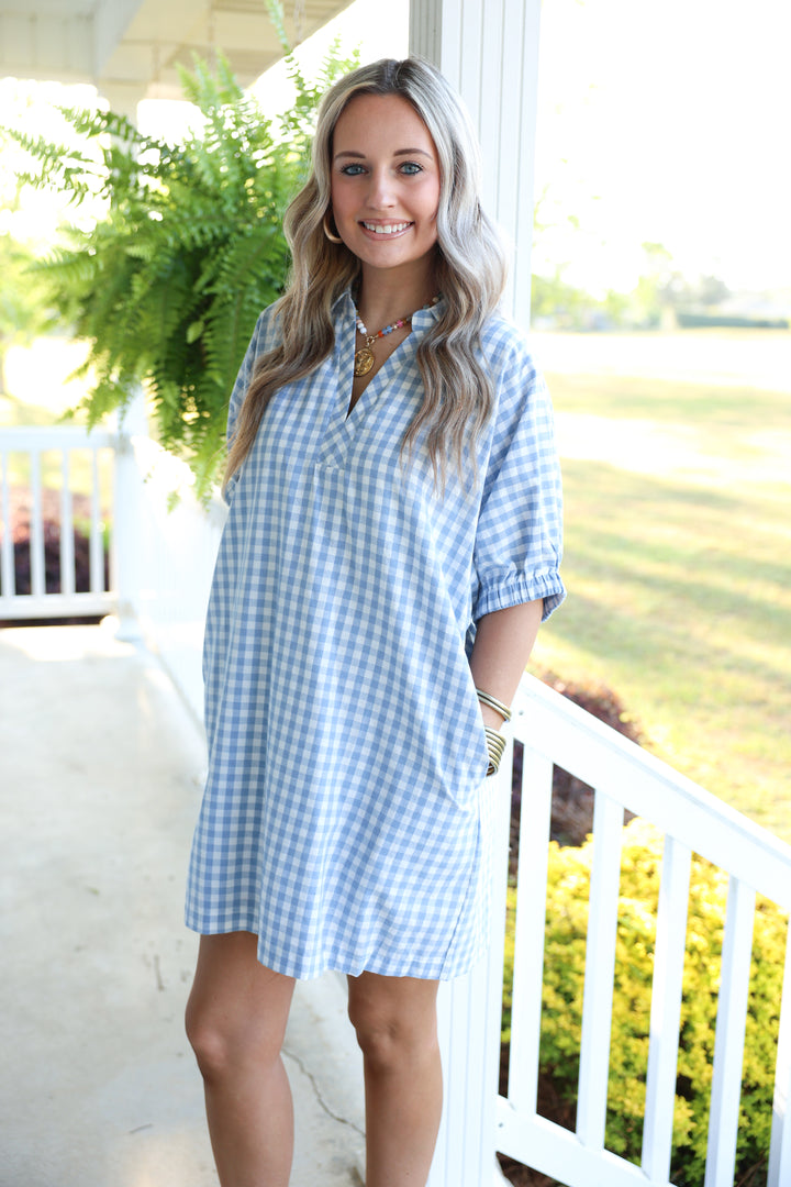 Southern Gingham Print Dress "Blue"