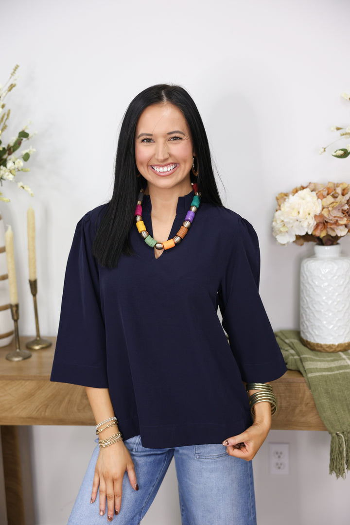3/4 Sleeves Crinkled Solid Top W/ Ruffled Neckline "Navy"