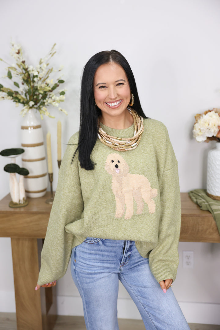 Golden Doodle Dog Graphic Oversized Crew Neck Sweater "Olive"