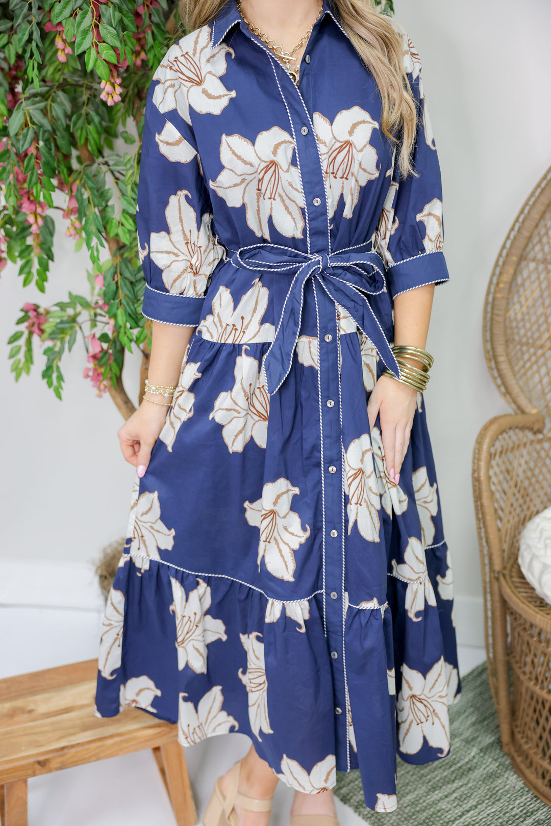 Demi Floral Print  3/4 Sleeve Midi Dress "Navy"