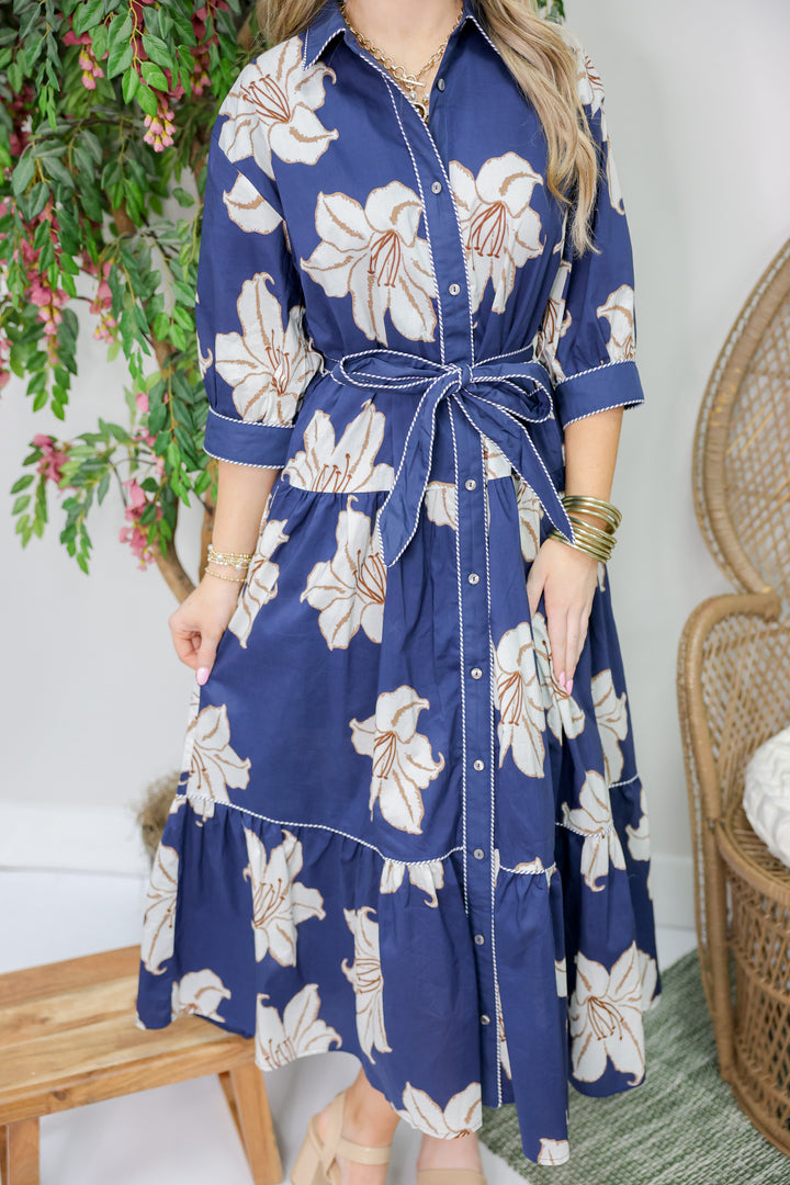 Demi Floral Print  3/4 Sleeve Midi Dress "Navy"