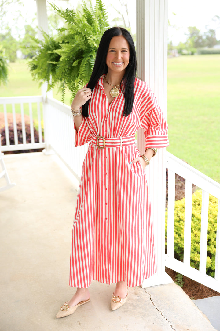 Camden Stripe Midi Dress "Red"