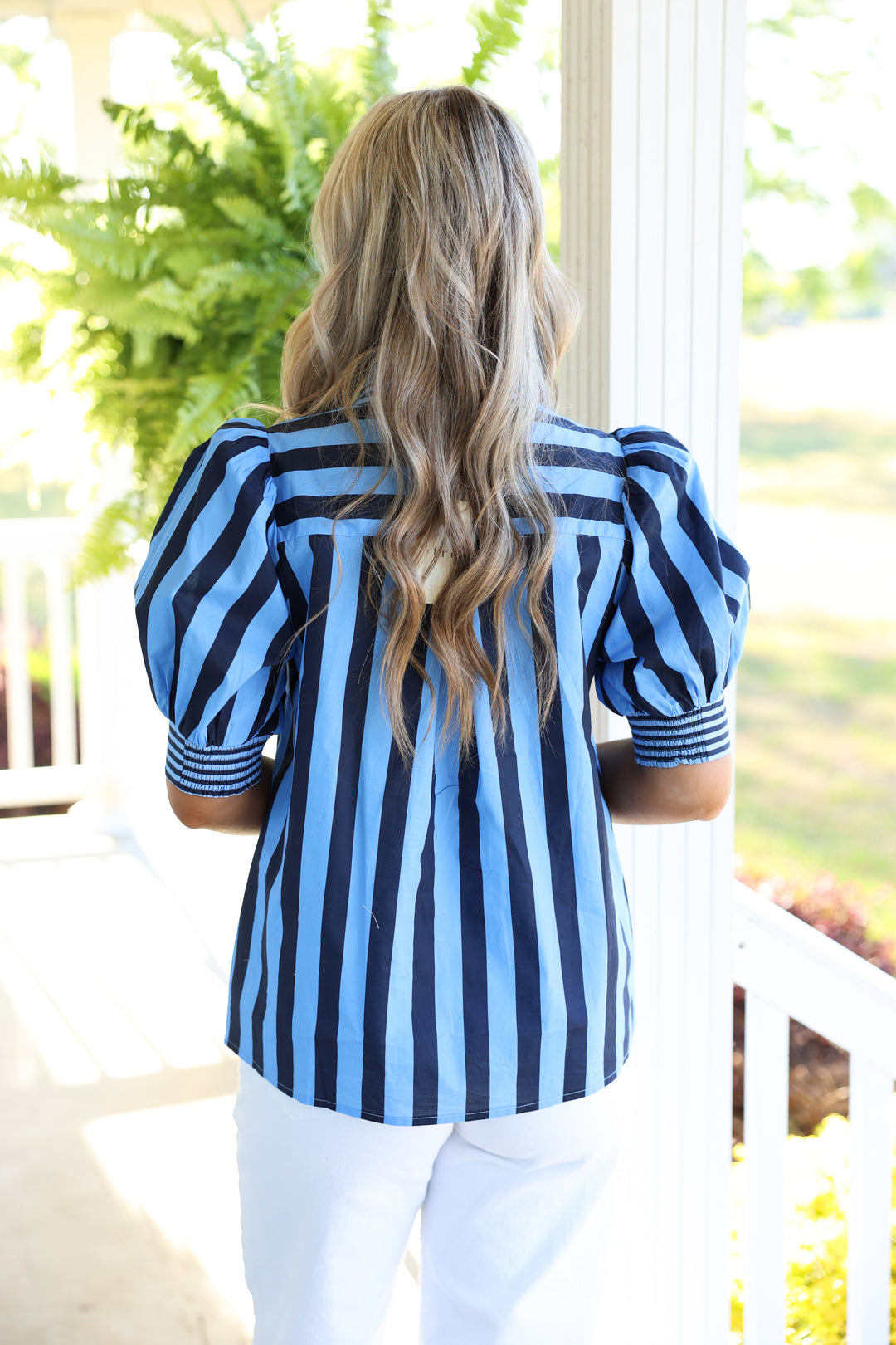 Seaside Striped Print Short Puff Sleeve Top "Navy"