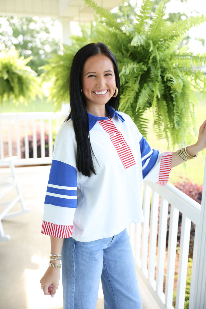 3/4 Sleeves Color Block Polo Top "Off White Mix"