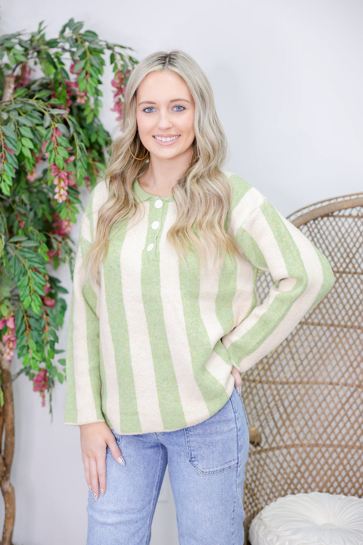 Striped Sweater Top With Front Buttoned "LT Olive"