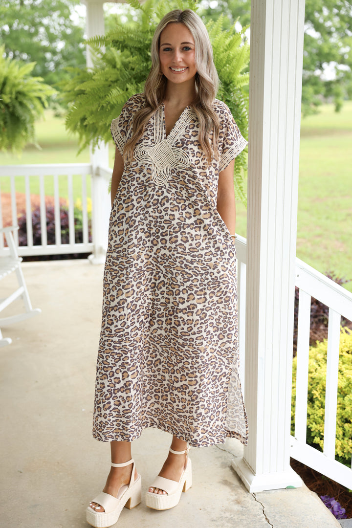 Leopard Print Midi Dress W/ Braided Applique