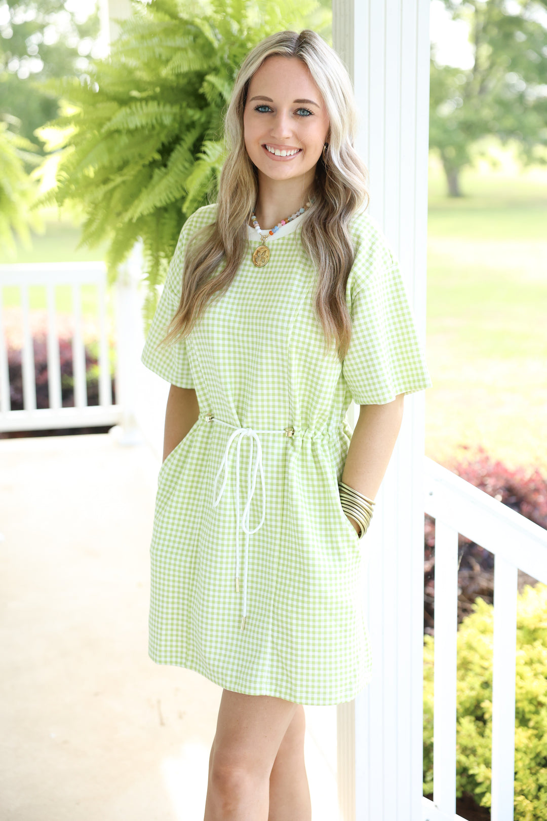 Gingham Drawstring Waist Mini Dress Celery Small