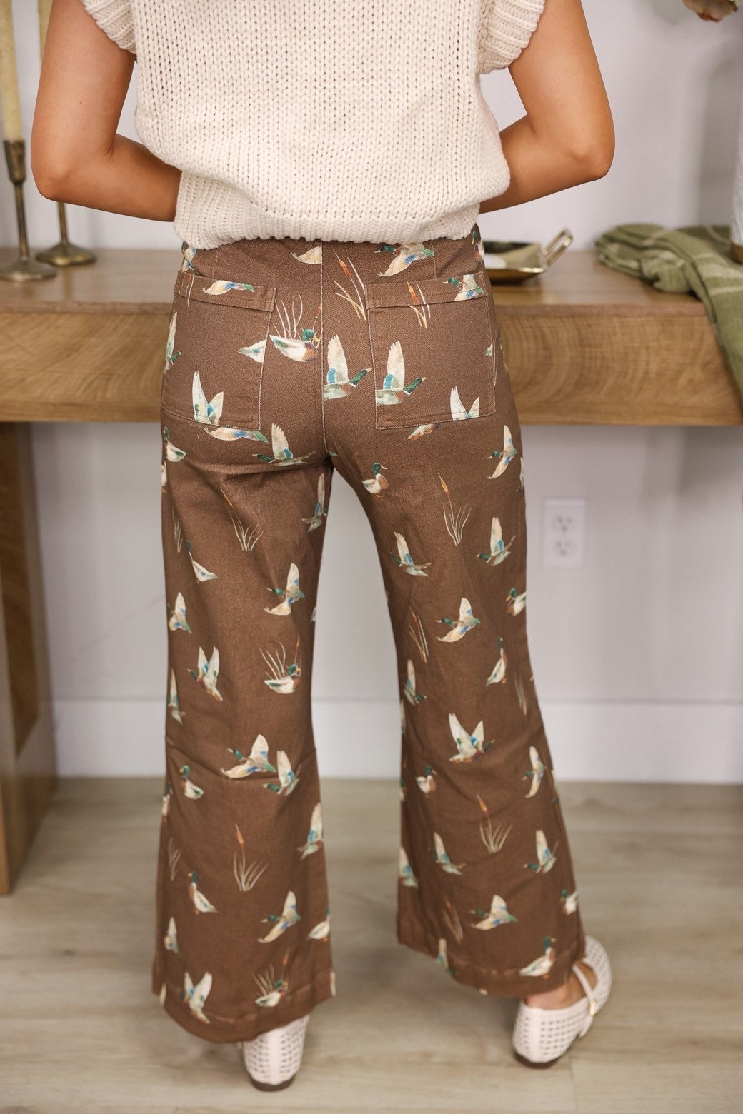 Mallard Printed Stretch Denim Wide Leg Jeans "Mocha"