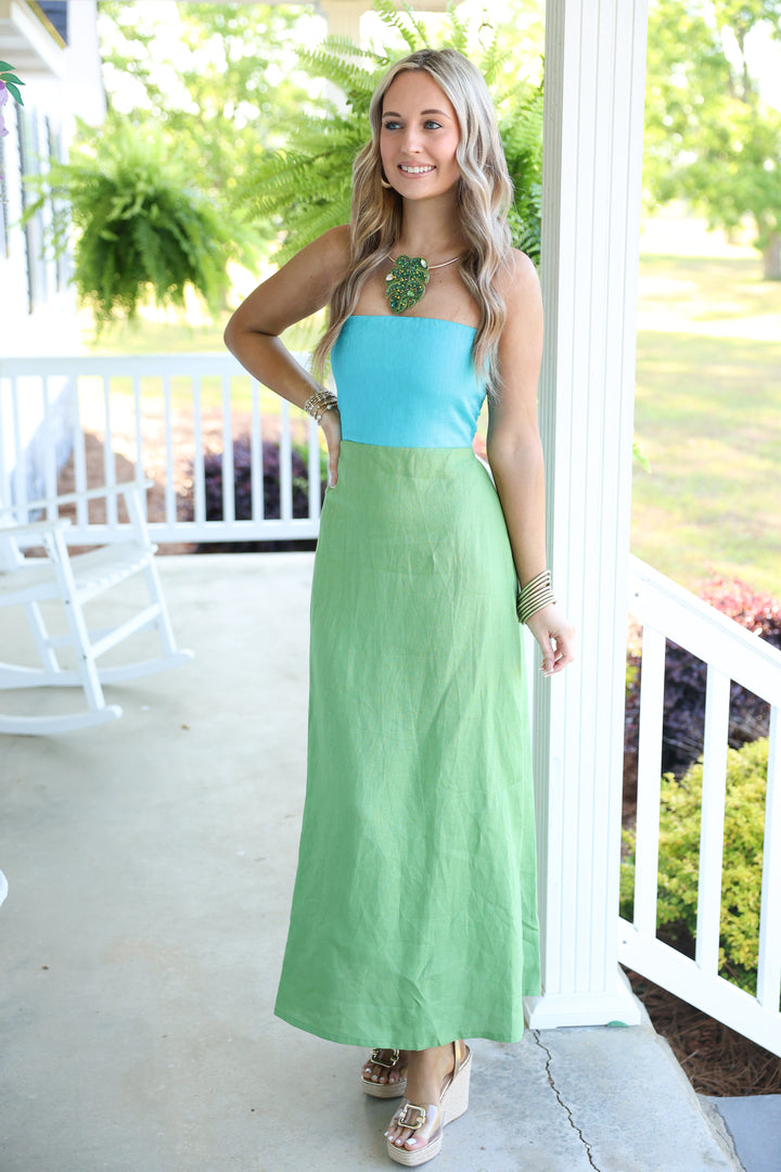 Mei Contrast Strapless Linen Maxi Dress "Aqua Blue/Green"