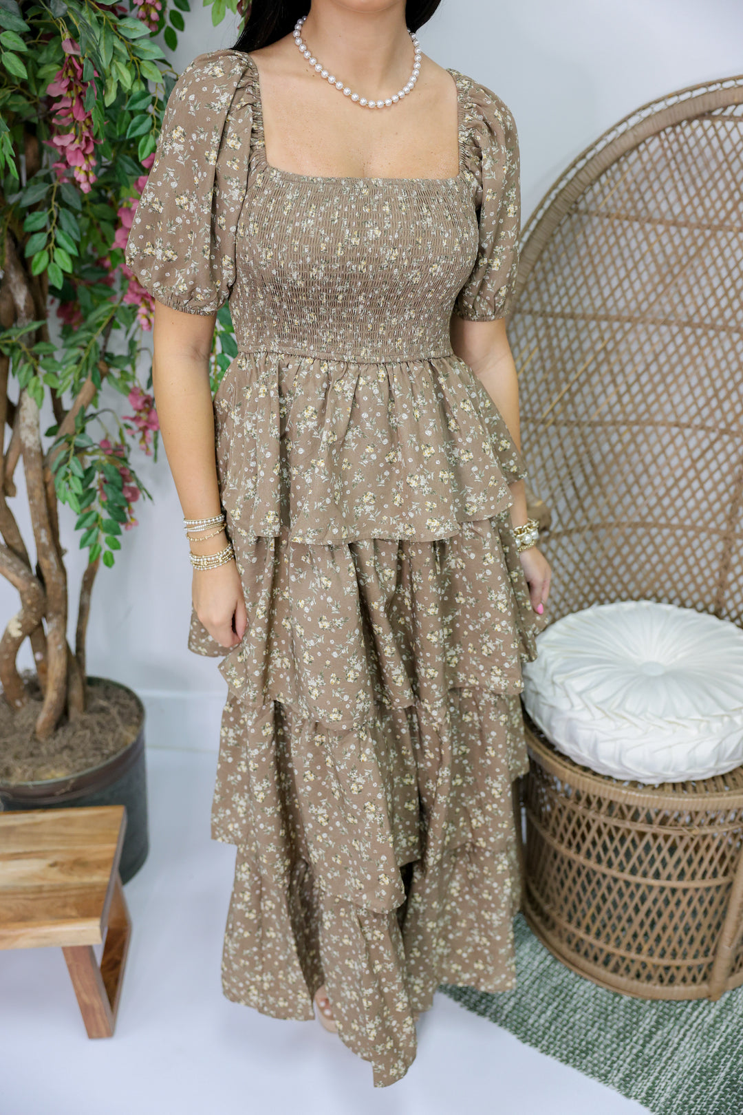 Fall Floral Smocked Midi Dress "Mocha"