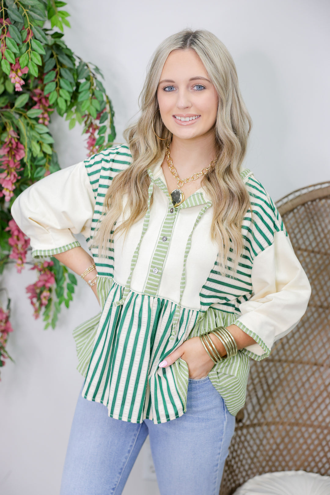 Striped 3/4 Sleeve Peplum Hoodie Top "H Green"