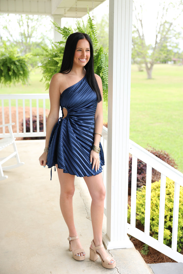 Lena One Shoulder Pleated Mini Dress "DK Navy"