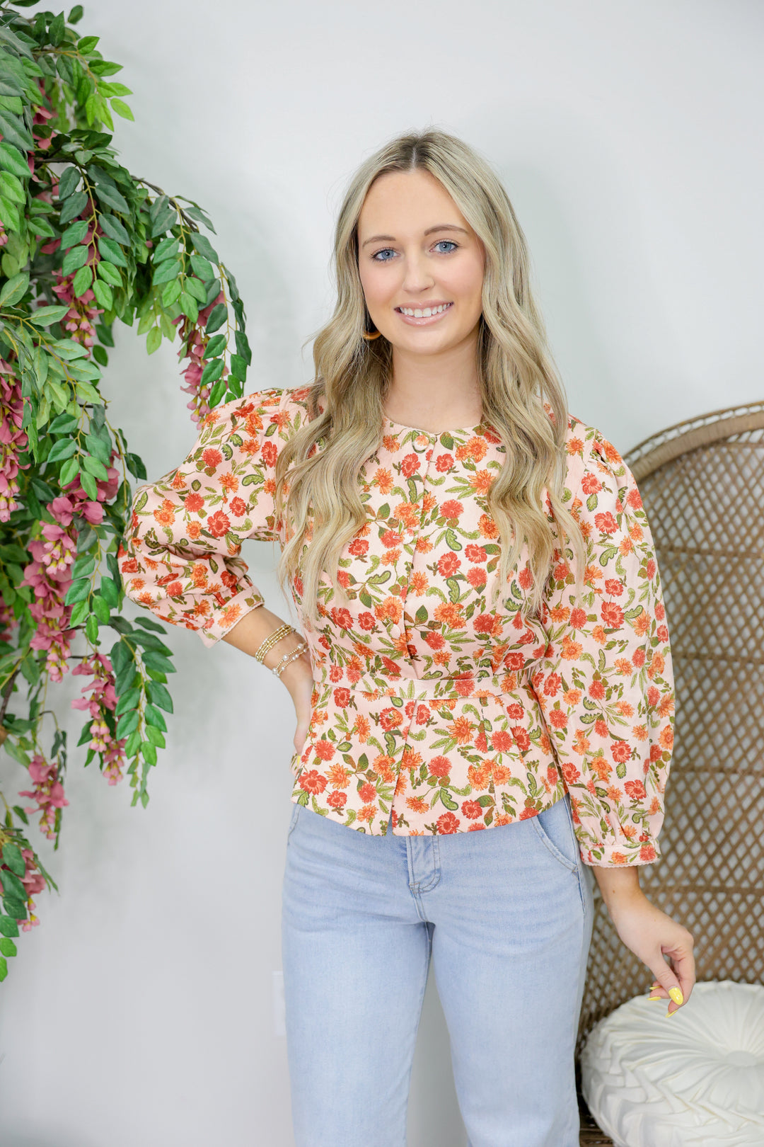 Peach Rust Floral Button Top