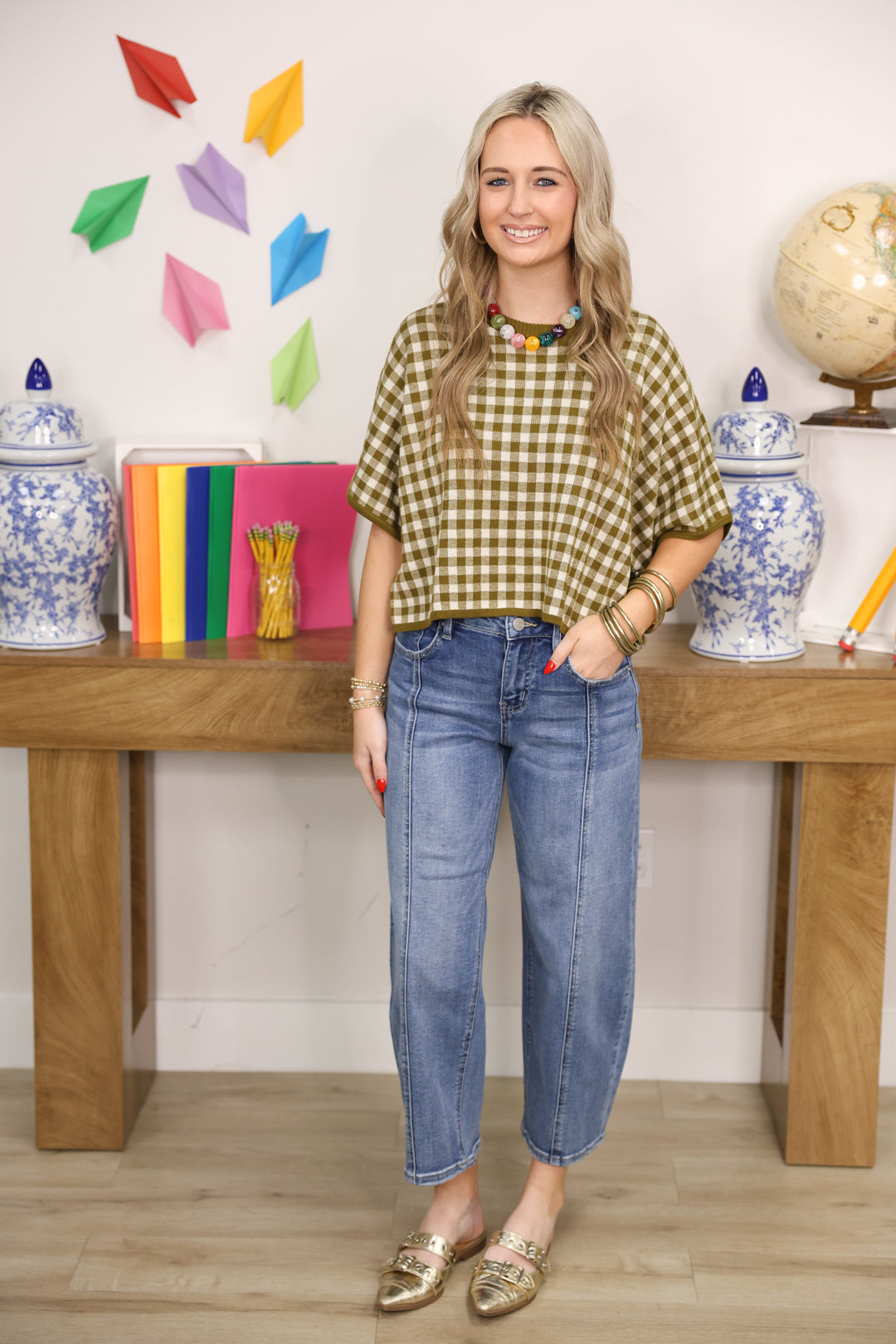 Gingham Sweater Top "Olive"