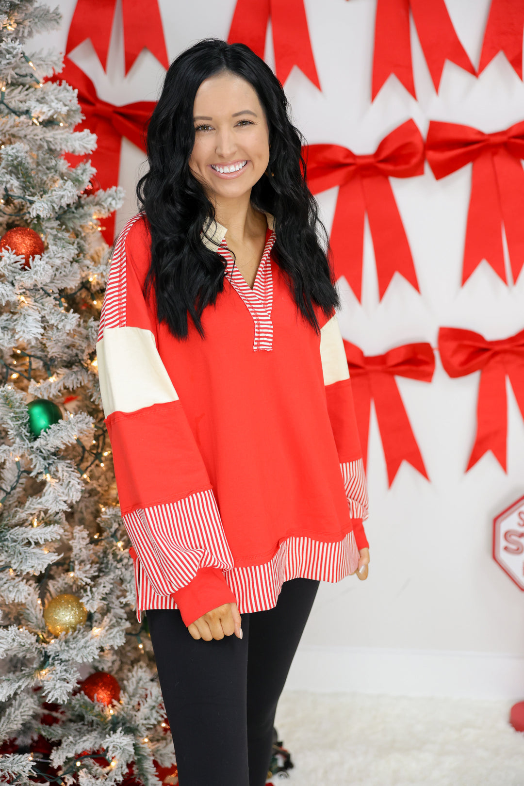 Colorblock Solid & Stripe Casual Knit Top "Red"