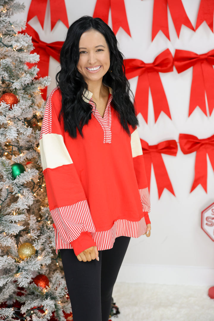 Colorblock Solid & Stripe Casual Knit Top "Red"