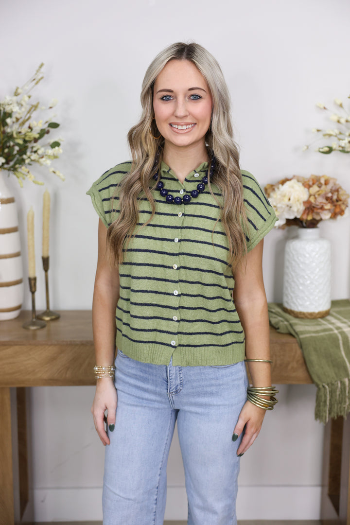 Striped Cap Sleeve Piper Vest "Matcha"