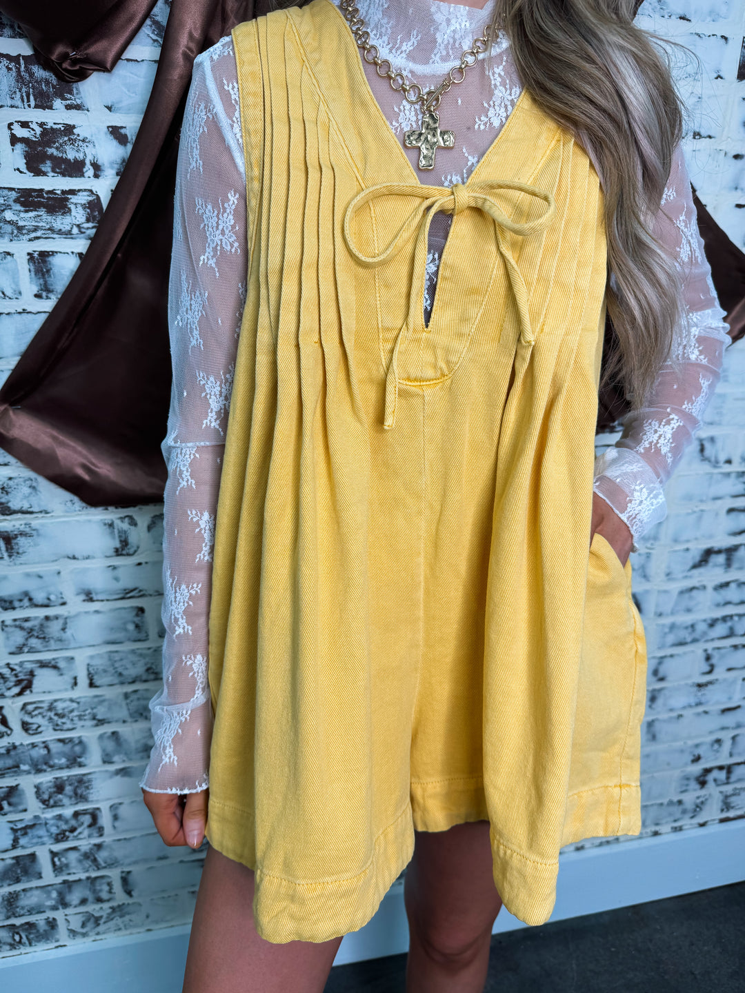 Pleated Denim Romper "Yellow"