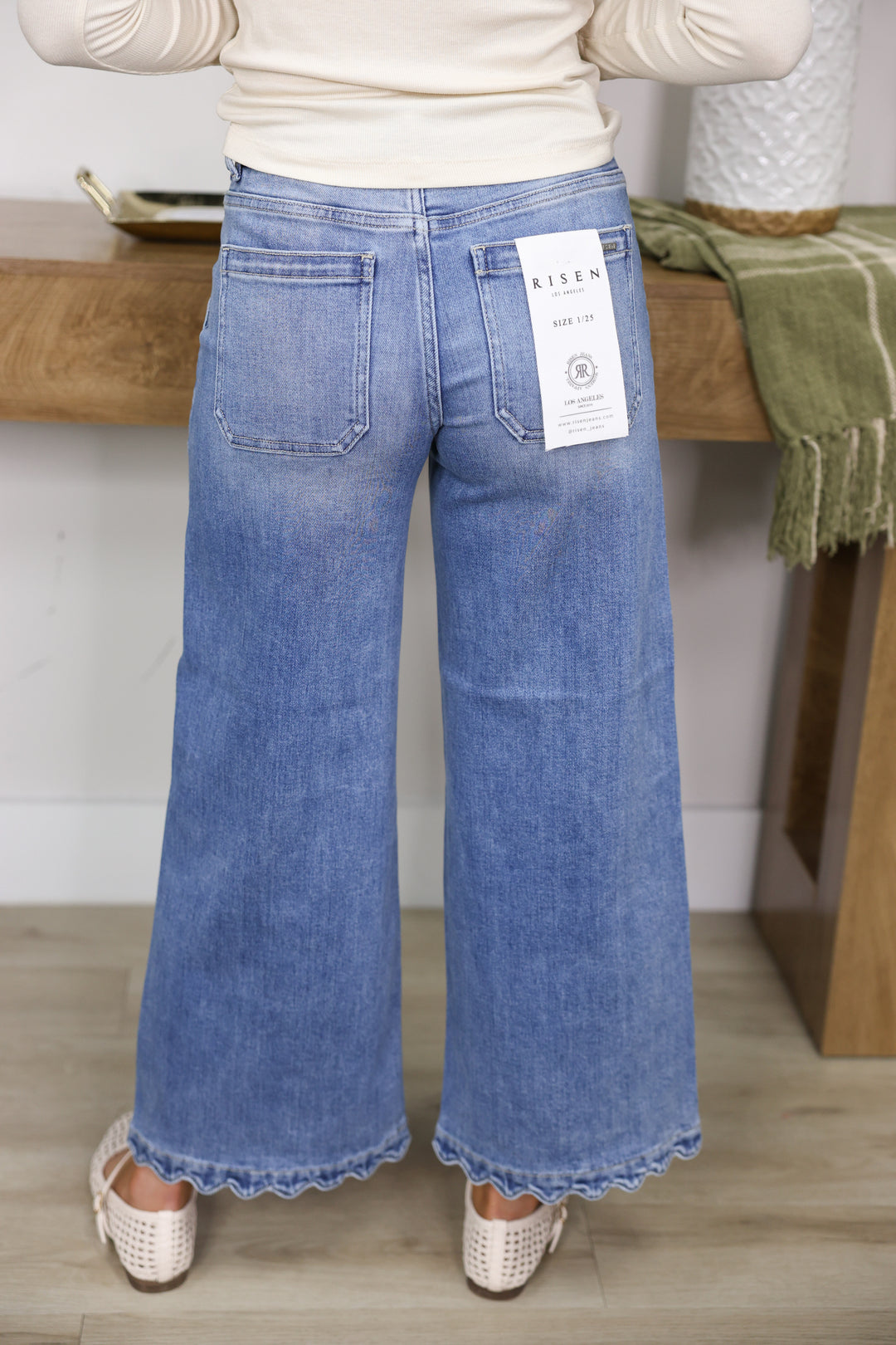 Risen - High Rise Crop Wide Leg Jeans W/ Scallop Patch Pocket "Medium"