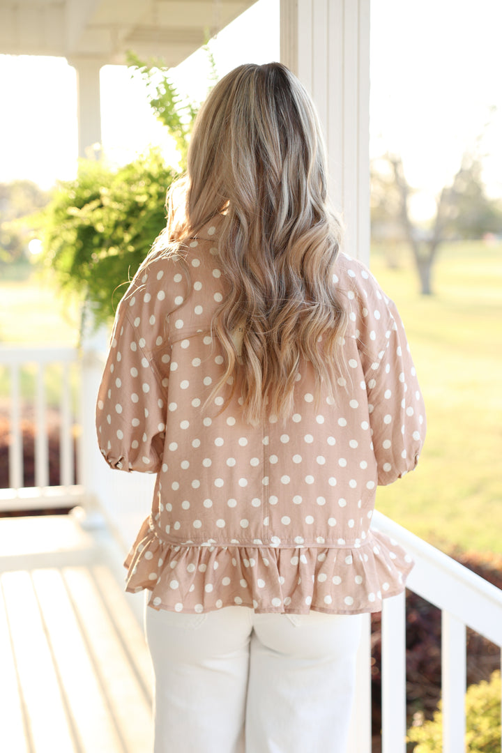 Polka Dot Short Sleeve Button Down Top "Sand"