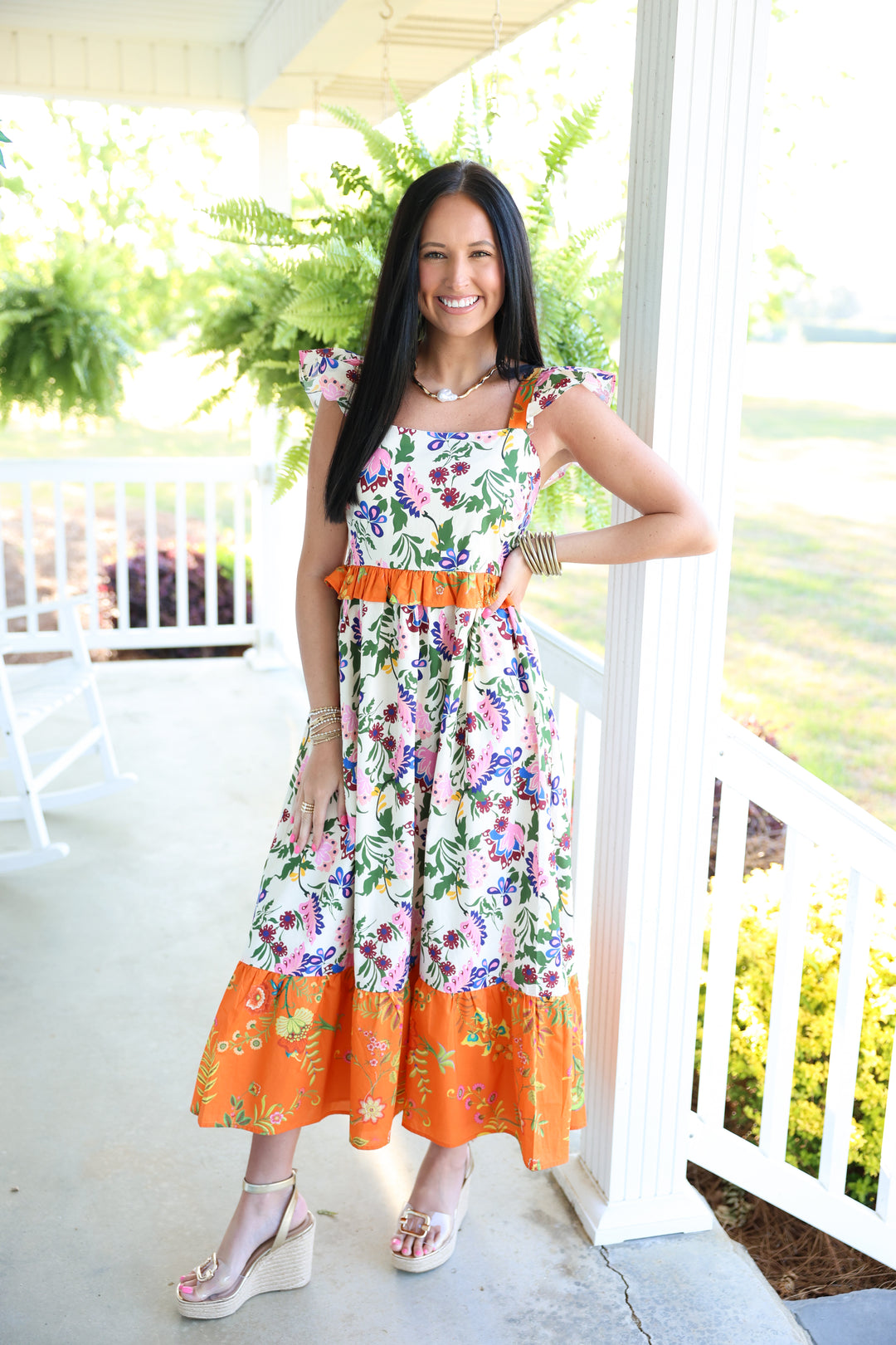 Exotic Garden Party Midi Dress "Orange Multi"