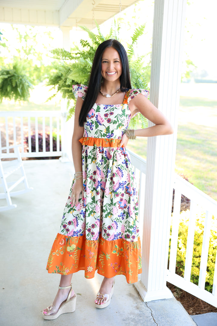 Exotic Garden Party Midi Dress "Orange Multi"