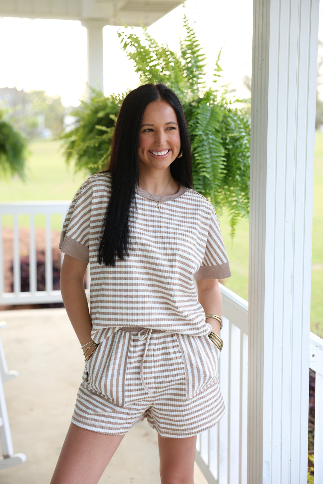 Striped Comfy Knit Top & Short Set "White/Oatmeal"